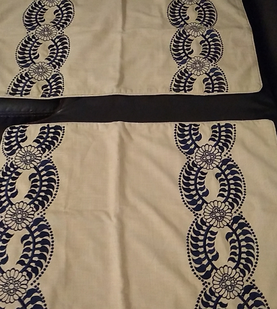 Celandine 2 pillow shams beige  blue embroidery 100% cotton